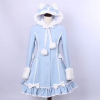 Wholesale Women s Winter Single Breasted Coat Lovely Cat Ear Lolita Hooded Light Blue Faux Fur Coat for Girl