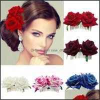 Wholesale Other Hair Jewelry Pc Romantic Fancy Double Silk Artificial Rose Flower Wedding Prom Clip Comb Headpiece White Purple Women Bridal G3L6 Dro