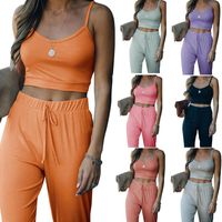 Wholesale Women s tracksuit Strap Tops Leisure Fashion Solid Color Jogger Set Sports Running Summer Wear Pink Two Piece Set