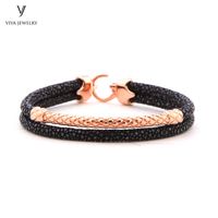 Wholesale Charm Bracelets Handcrafted Luxury Custom Stingray Silver Two Hand wrapped Leather Cords Men Bracelet With Pure Clasp