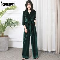 Wholesale Nerazzurri Long velvet jumpsuit with sleeves for women elegant red black plus size wide leg sashes maxi floor length romper Y200106