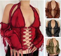 Wholesale Autumn And Winter hot new Tie Back Halter Neck Casual T shirt Women Cross Bandages Halter Long Sleeve Tops Sexy Lace Up Plain T shirt