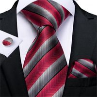 Wholesale Bow Ties Designer Mens Necktie Red Silver Striped Wedding Tie For Men Hanky Cufflinks Silk Set DiBanGu Business Party MJ