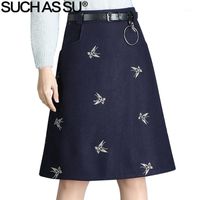 Wholesale Skirts SUCH AS SU Fashion Autumn Winter Wool Womens Black Dark Blue Butterfly Embroidery S XL High Waist A Line Skirt1