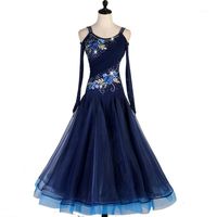 Wholesale Stage Wear Junior Ballroom Dance Dresses Long Sleeve Foxtrot DressWomen Waltz Dress MQ117 Navy Blue1