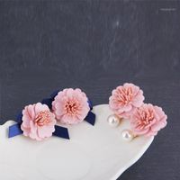 Wholesale Stud Sweet Handmade Delicate Pink Silk Rose Peony Flower Blue Ribbon Pearl Earring Women Drop Dangle Fine Jewelry Girl Boho Gift1