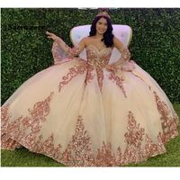 Wholesale Rose Gold Sparkly Quinceanera Prom Dresses Modern Sweetheart Lace Applique Sequins Ball Gown Tulle Vintage Evening Party