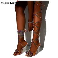 Wholesale Fashion Womens Crystal Strappy Thigh High Boots Sexy Ladies Summer Over The Knee Sandals Heels Party Strip Shoes Woman