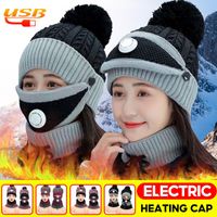 Wholesale Scarves Women USB Heating Scarf Winter Sets Cap Mask Collar Face Protection Girls Accessory Ball Balaclava Knitted Hat