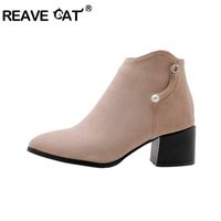 Wholesale Boots REAVE CAT Shoes Women Ankle Pointed Toe Suede Leather Side Zipper Pearl Nude Block Heel Work Botas Mujer Large Size