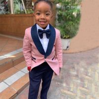 Wholesale Ring Bearer Boy s Formal Wear Tuxedos Shawl Lapel One Button Children Attire For Wedding Party Kids Suit Set Pink Jacket Navy Pants Bow