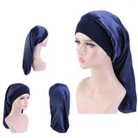 Wholesale 2021 new style silk long tube stretch ladies fashion hat satin night cap long hair hair care cap Muslim women hat all match1