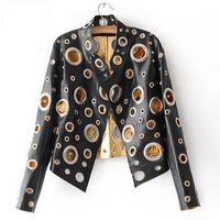 Wholesale 2020 Spring Personality PU Round Hole Women Jacket Gold Black Silver Color Stand Collar Long Sleeve Coat Leather Clothing Top1