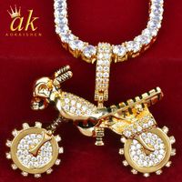 Wholesale Skeleton Motorcycle Ride Pendant Rock Necklace Gold Color Material Copper Cubic Zircons Bling Charms Men s Hip Hop Rock Street Jewelry
