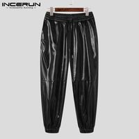 Wholesale Men s Pants INCERUN Men Solid Color Drawstring Joggers PU Leather Streetwear Loose Fashion Casual Trousers Pockets Pantalon