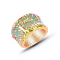 Wholesale Cluster Rings Lucky Flower Tree Ring Fashion Gold Pink Opal Green Enamel Wide For Women Party Crystal Vintage Anel Jewelry1