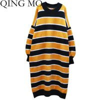 Wholesale Women s Sweaters QING MO Black Blue Striped Knitted Dress Women Autumn Winter O Neck Plus Size Sweater Pullovers Long QYF211A