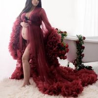 Wholesale Burgundy Lush Tulle Robe Maternity Dress Long Puffy Sleeves Ruffled See Through Bridal Dresses Photo Shoot or Baby Shower