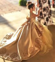 Wholesale Gold First Communion Dresses Kids Evening Ball Gown Gold Applique Bow Long Girls Pageant Dress Lace Tulle Wedding Flower Girls Dresses