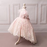 Wholesale Blush Pink Flowers Girls Dresses Lace Feather High Low Pearls Princess Kids Pageant Gowns First Holy Communion Dress Wedding Gown
