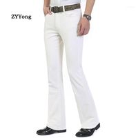Wholesale Men s Jeans Business Casual Trousers Mid Waist Elastic Slim White Boot Cut Semi Flared Bell Bottom Denim Pants1