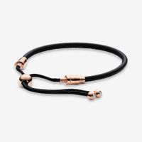 Wholesale 100 Sterling Silver Rose Gold Moments Leather Slider Bracelet Chain Classic Round Clasp Fashion Women Wedding Engagement Jewelry Accessories