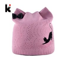 Wholesale Winter Beanie Hat With Ear Flaps For Women Black Cat Diamond Bow knot Knitted Beanies Skullies Cap Ladies Touca Inverno Feminina
