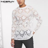 Wholesale Fashion Lace Printed Men T Shirt Long Sleeve Round Neck Casual Mens Tee Tops Sexy Transparent Party Nightclub T shirts