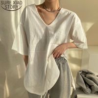Wholesale Women s T Shirt Summer Cotton Tshirt Striped White Shirt Loose Casual Tops Short Sleeve Solid V neck Bottom Chic Fashion Clothing