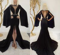 Wholesale 2021 Black Mermaid Evening Dress With Wrap Jewel Neck Sequins Beaded Lumbar Prom Dress Open Back High Front Split Ruffle Formal Party Gown
