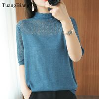 Wholesale Summer Women knitted Short sleeve Thin Sweater Female Hollow out Lace Turtleneck Pullover Ladies knit Cotton Purple Jumpers