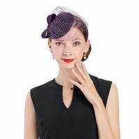 Wholesale Fedoras Hats Purple Fascinator For Women Elegant Wool With Veil Bow Headpiece Birthday Gifts Wedding Fashion Pillbox Caps1