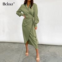 Wholesale Casual Dresses Bclout Green Asymmetrical Wrap Dress Elegant Lantern Sleeve Slim Shirt Woman Lace Up High Waist Long Vestido