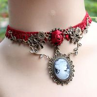 Wholesale Pendant Necklaces Stylish Cameo Red Rose Lace Fashion Necklace Jewelry Women Gift Xmas Ethnic Bohemian Choker