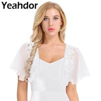 Wholesale Womens Short Bell Sleeve Floral Lace Sheer Open Front Chiffon Shrug Cardigan Top Open Stitch Jackets Wedding Party Dress Shrug1