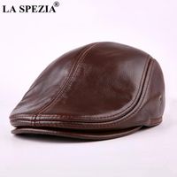 Wholesale Berets LA SPEZIA Classic Beret Caps Men Warm Genuine Leather Ivy Windproof Duckbill Hat Burgundy Winter Flat Hats