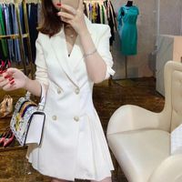Wholesale Casual Dresses Spring Autumn Double Breasted Women Blazer Dress Office Ladies Notched Long Sleeve Pleated Slim Suit Female White