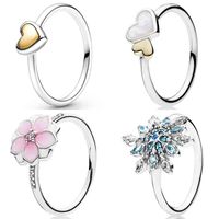 Wholesale Original Sterling Silver Domed Golden Shine Delicate Heart Magnolia Bloom Snowflake Ring for Women Gift Pandora Diy Jewelry