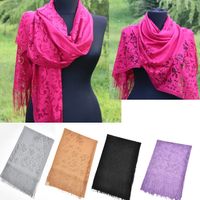 Wholesale Women Black Hollow out Lace Flower Scarf Elegant Long Tassel Tulle Scarf and Shawls Bride Wedding Evening Party Wraps cm g