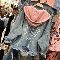Wholesale Frayed Hole Letter Jean Jacket Women Cartoon Jackets Womens Jackets and Coats Trending Products Wide waisted Hip Hop1