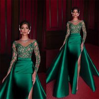 Wholesale Gorgeous Evening Dresses Sexy Sheer Illusion Bling Beads Sequins Ruffles Satin A Line Prom Dresses Side Split Custom Made Formal Party Gown