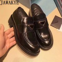 Wholesale 2020British Thick sole Women Loafers Black Leather Casual Flat Shoes Woman Round toe slip on Runway Platform Shoes luxury designer
