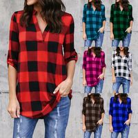 Wholesale S XL Women Plaid Shirts Plus Size V Neck Long Sleeves lattice T shirts Oversize Loose Blouse Tops Ladies Maternity Clothes Tees AAA1037