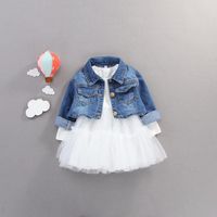 Wholesale Clothing Sets Fashion Kid Girls Denim Mesh Dress Toddler Baby Princess Outifts Years set Jacket dress