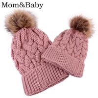 Wholesale Beanie Skull Caps set Mom And Kid Warm Hat Set Velvet Fleece Inside Beanie Real Fur Pompom Parent Child Twist Knitted Girls Cap