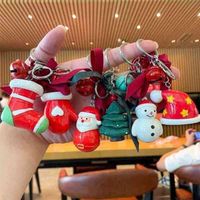 Wholesale Cartoon Resin Christmas Key Ring Charms Santa Claus Xmas Tree Stocking Gift Sock Gloves Hat Snowman Keychain Key Metal Circle with Bell Ribbon Bow G809X6E