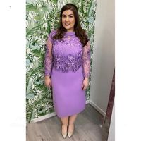 Wholesale Tea Length Short Mother of the Bride Dresses Lavender Lace Long Sleeve Column Plus Size Wedding Party Formal Evening Prom Gowns for Ladies