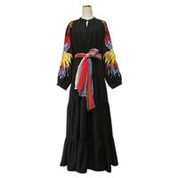 Wholesale Casual Dresses Vintage Style Women Fashion Clothes Embroidered Black Large Size Loose Dress V Neck Long Sleeve Ankle Length Robe