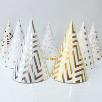 Wholesale 10pcs Bronzing Birthday Hat with Rope Kids Child Party Crown Decoration Gold Silver Striped Conical Hat Paper Cap Party Supplies Q0805