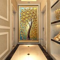 Wholesale Large best Hand painted thick Knife Flower Oil Paintings D golden tree oil Paintings Wall pictures on Canvas for living Room